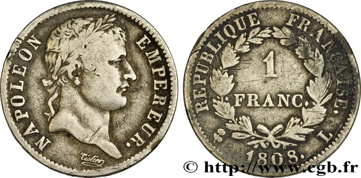 1 franc Napoléon Ier tête laurée, République française 1808 Bayonne F.204/9 TB20 