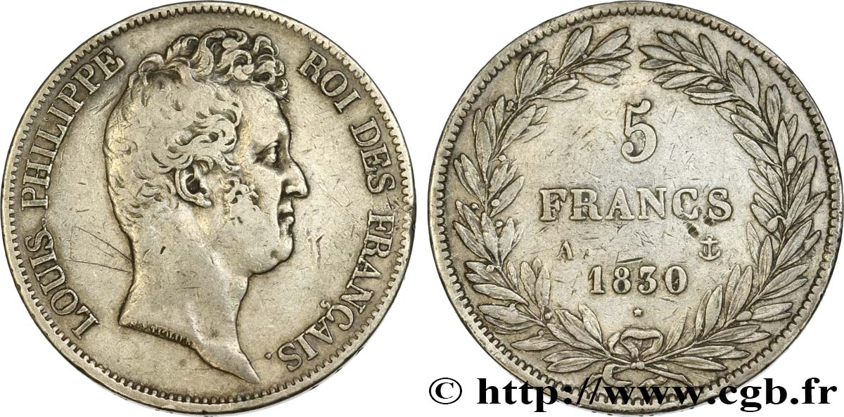 5 francs type Tiolier sans le I, tranche en creux 1830 Paris F.313/1 MBC40 