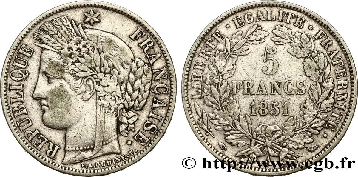 5 francs Cérès, IIe République 1851 Paris F.327/7 SS40 