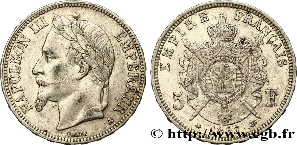 5 francs Napoléon III, tête laurée 1867 Paris F.331/10 XF48 