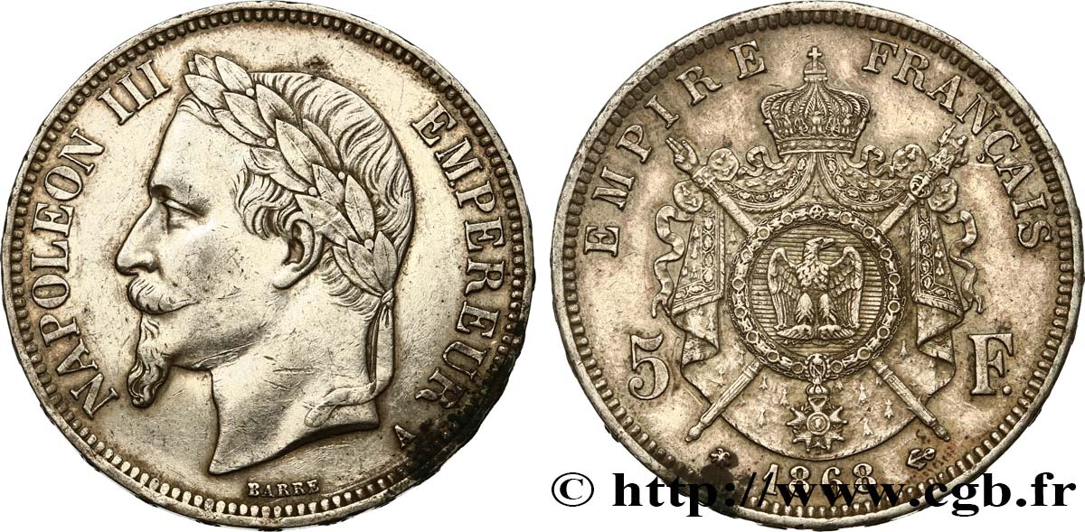 5 francs Napoléon III, tête laurée 1868 Paris F.331/12 XF48 