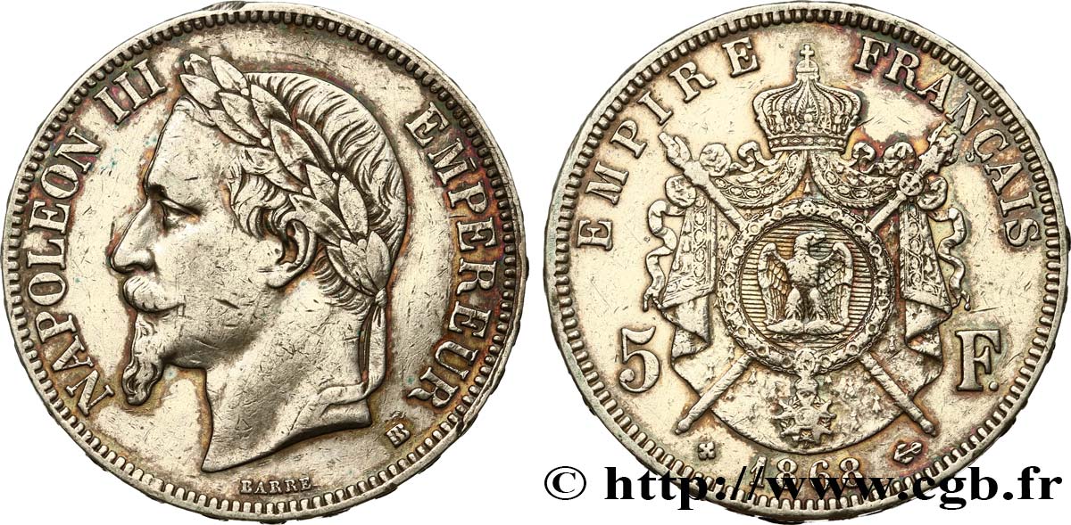 5 francs Napoléon III, tête laurée 1868 Strasbourg F.331/13 XF45 