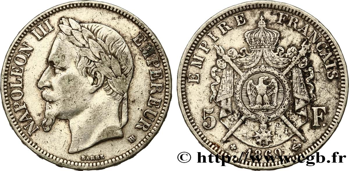 5 francs Napoléon III, tête laurée 1869 Strasbourg F.331/15 S35 