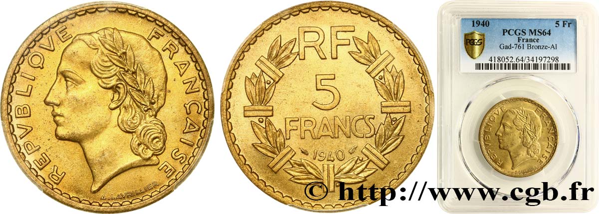 5 francs Lavrillier, bronze-aluminium 1940  F.337/4 fST64 PCGS