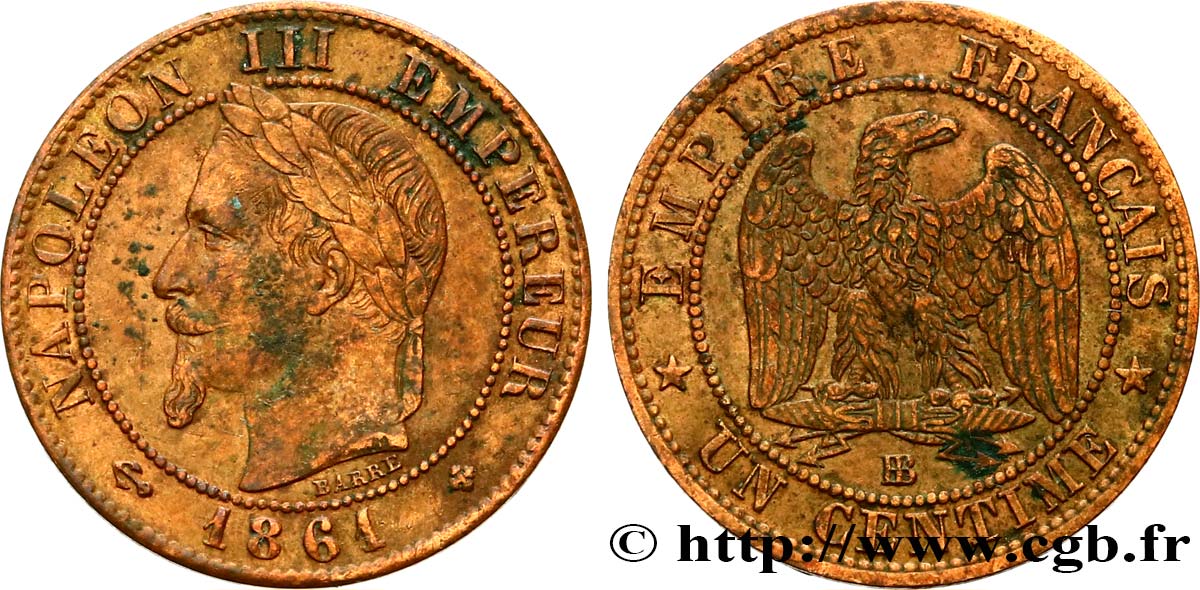 Un centime Napoléon III, tête laurée 1861 Strasbourg F.103/2 TTB45 
