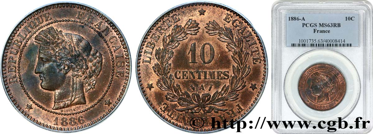 10 centimes Cérès 1886 Paris F.135/30 fST63 PCGS
