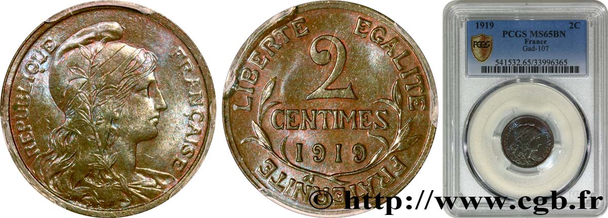 2 centimes Daniel-Dupuis 1919 Paris F.110/19 MS65 PCGS