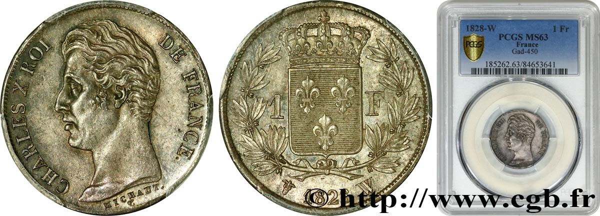1 franc Charles X, matrice du revers à cinq feuilles 1828 Lille F.207/48 SPL63 PCGS