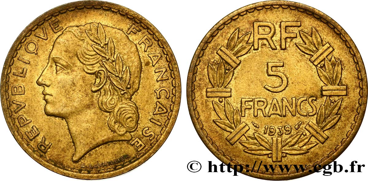 5 francs Lavrillier, bronze-aluminium 1939  F.337/3 TTB52 