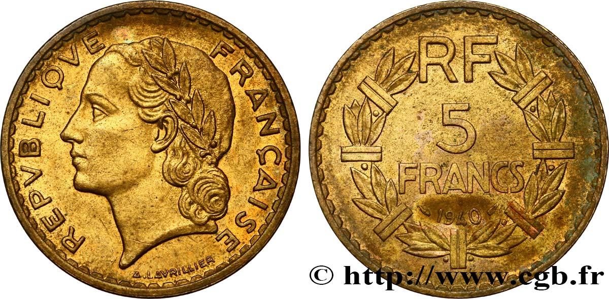 5 francs Lavrillier, bronze-aluminium 1940  F.337/4 TTB50 