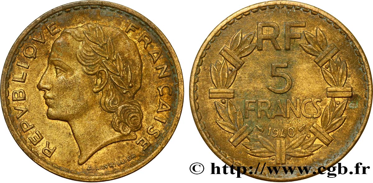 5 francs Lavrillier, bronze-aluminium 1940  F.337/4 TTB48 