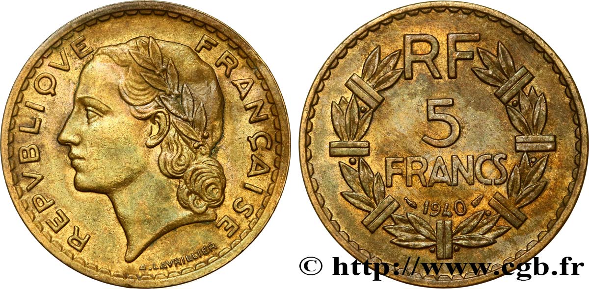 5 francs Lavrillier, bronze-aluminium 1940  F.337/4 AU50 