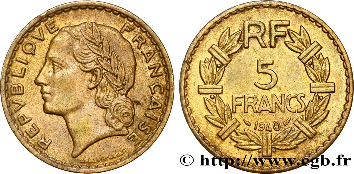 5 francs Lavrillier, bronze-aluminium 1940  F.337/4 BB50 