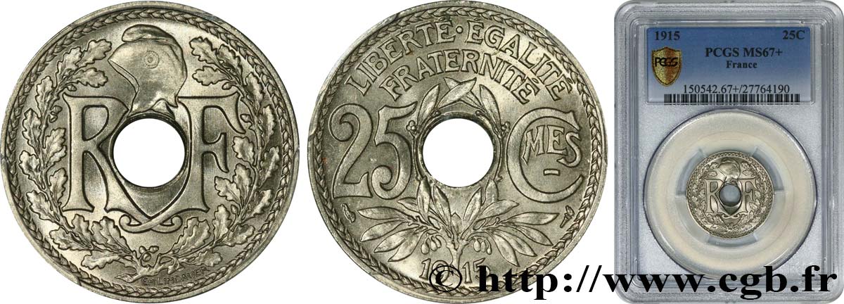 25 centimes Lindauer, Cmes souligné 1915  F.170/3 ST67 PCGS