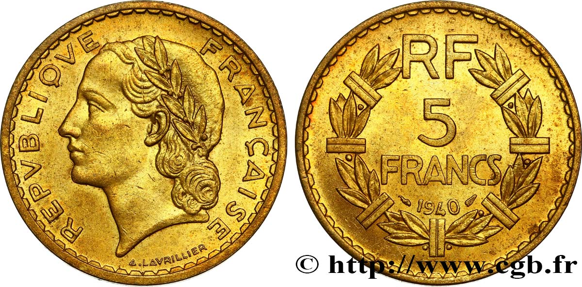 5 francs Lavrillier, bronze-aluminium 1940  F.337/4 EBC62 