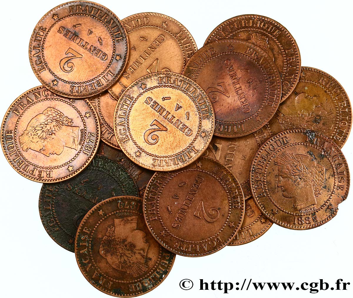 Lot de 15 pièces de 2 centimes Cérès n.d. s.l. F.109/2-3-4-5 BB/SPL 