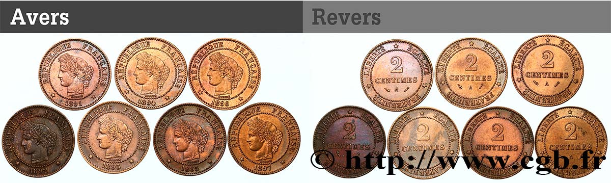 Lot de 7 pièces de 2 centimes Cérès n.d. s.l. F.109/17 BB/SPL 