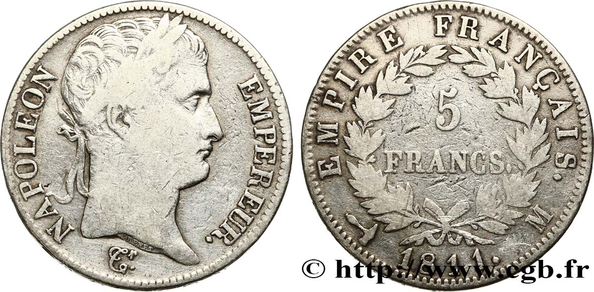 5 francs Napoléon Empereur, Empire français 1811 Toulouse F.307/35 VF 