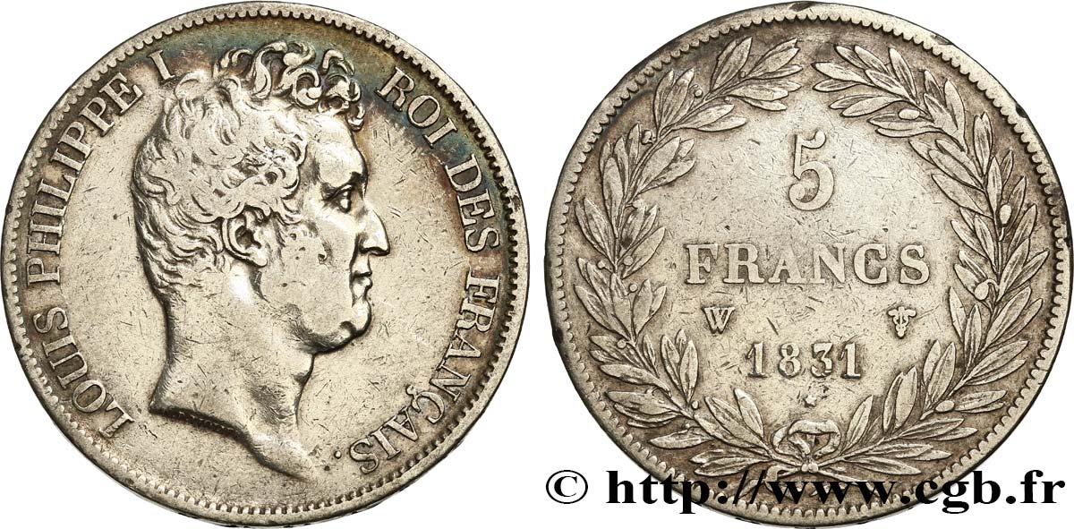 5 francs type Tiolier avec le I, tranche en creux 1831 Lille F.315/27 MB 