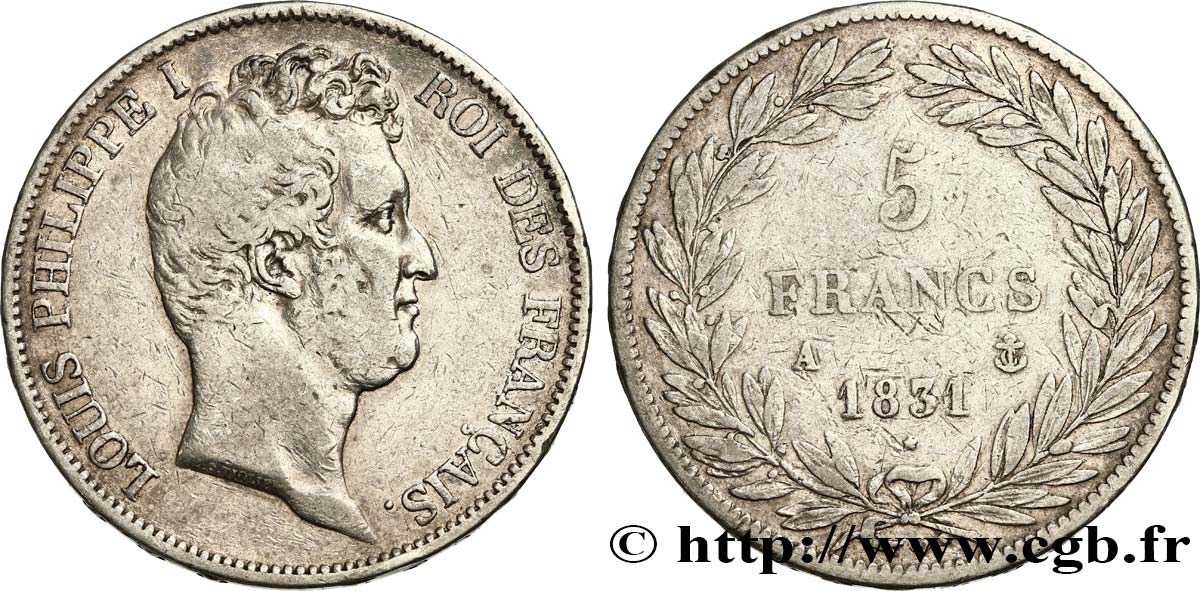 5 francs type Tiolier avec le I, tranche en relief 1831 Paris F.316/2 VF 