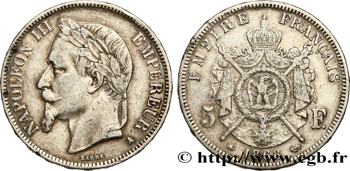 5 francs Napoléon III, tête laurée 1868 Paris F.331/12 BC 