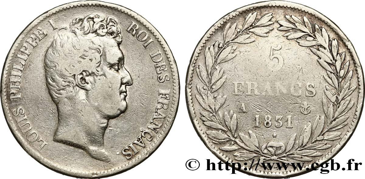 5 francs type Tiolier avec le I, tranche en creux 1831 Paris F.315/14 TB25 