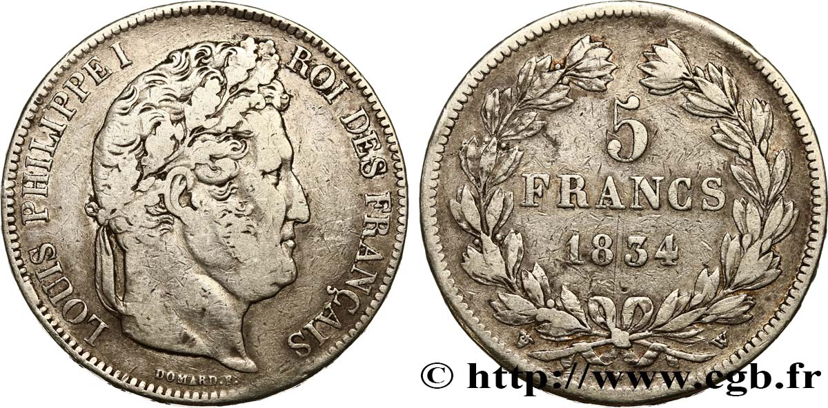 5 francs IIe type Domard 1834 Lille F.324/41 VF25 