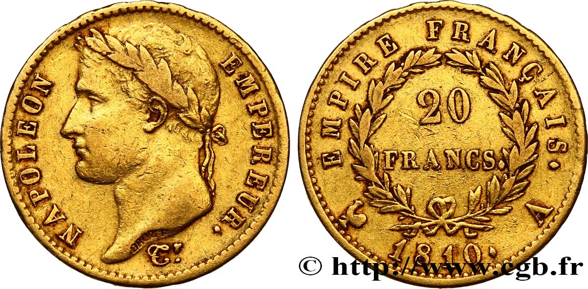 20 francs or Napoléon tête laurée, Empire français 1810 Paris F.516/8 SS40 