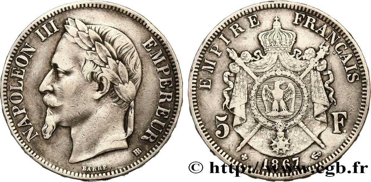 5 francs Napoléon III, tête laurée 1867 Strasbourg F.331/11 MB25 