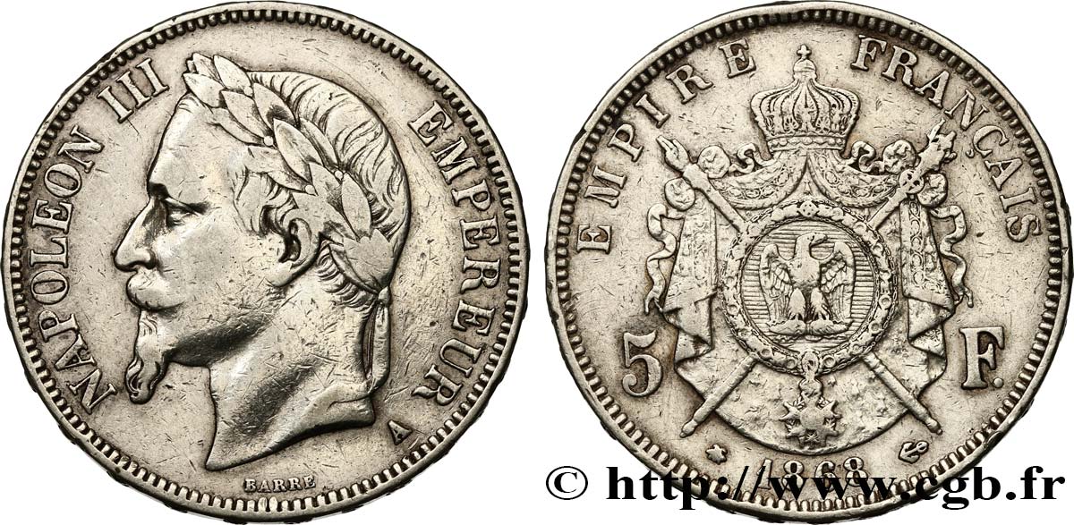 5 francs Napoléon III, tête laurée 1868 Paris F.331/12 MB 