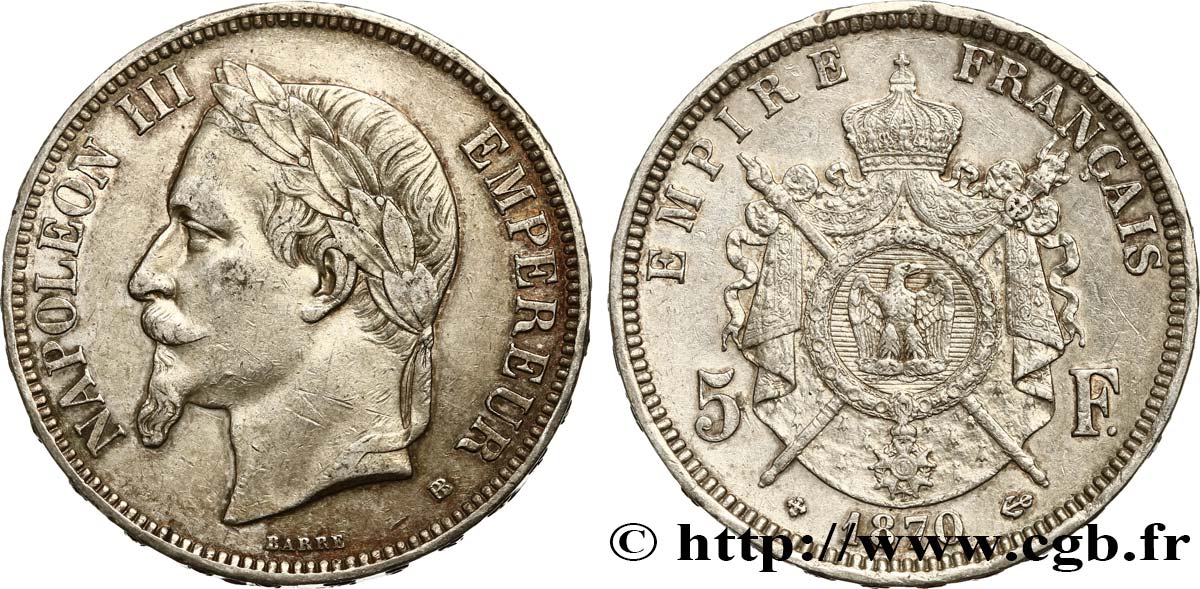 5 francs Napoléon III, tête laurée 1870 Strasbourg F.331/17 MBC48 