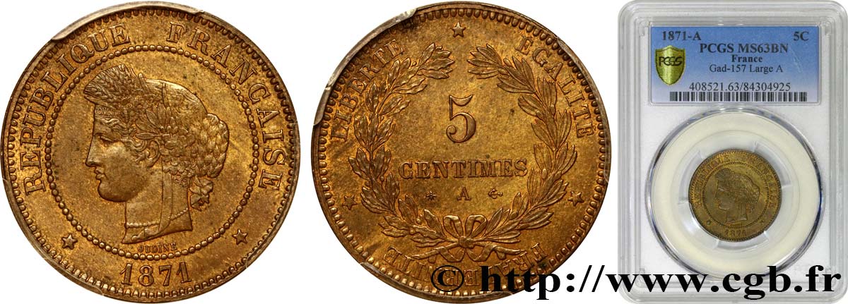 5 centimes Cérès 1871  Paris F.118/2 MS63 PCGS