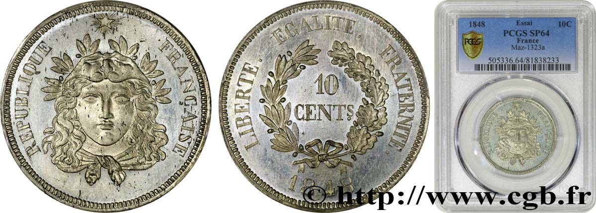Concours de 10 centimes, essai en étain par Gayrard, premier concours, troisième revers 1848 Paris VG.3141 var SC64 PCGS