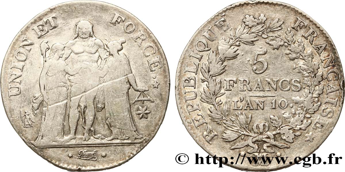 5 francs Union et Force, Union serré, avec glands intérieurs et gland extérieur 1802 Marseille F.288/182 BC25 