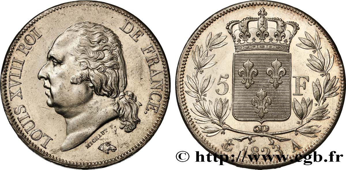 5 francs Louis XVIII, tête nue 1823 Paris F.309/76 SPL62 