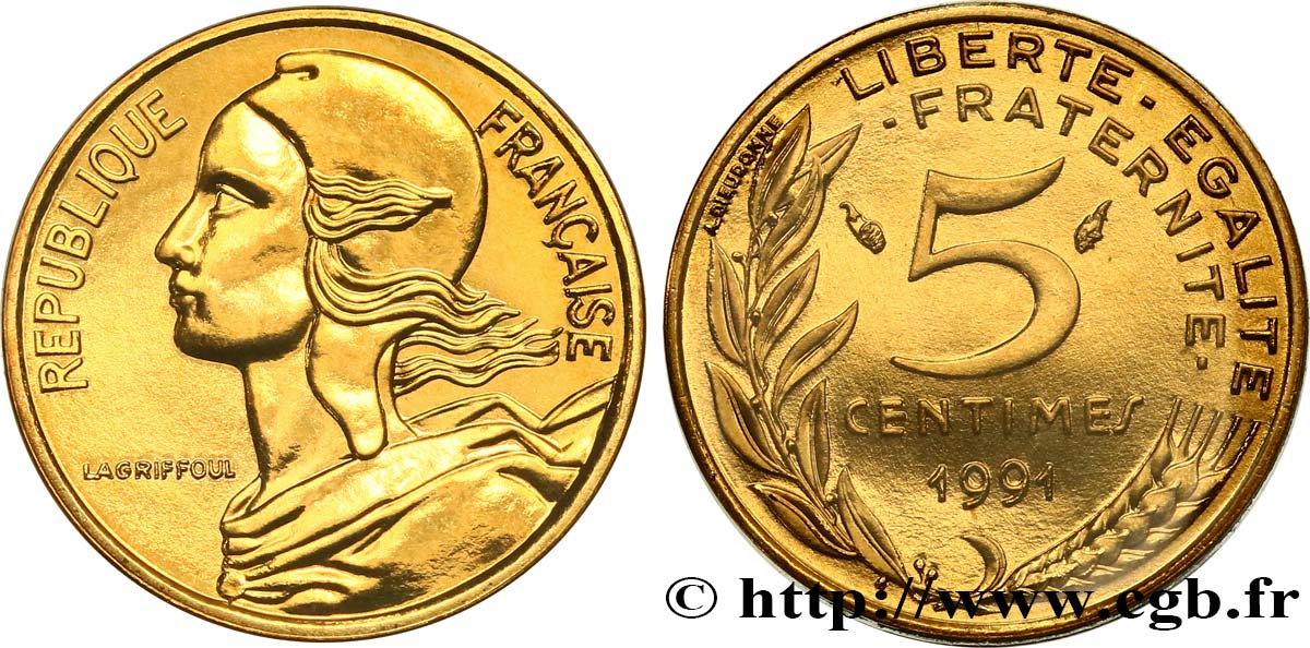 5 centimes Marianne, BU (Brillant Universel), frappe médaille 1991 Pessac F.125/28 MS 