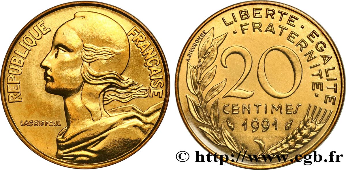 20 centimes Marianne, BU (Brillant Universel), frappe médaille 1991 Pessac F.156/32 FDC 