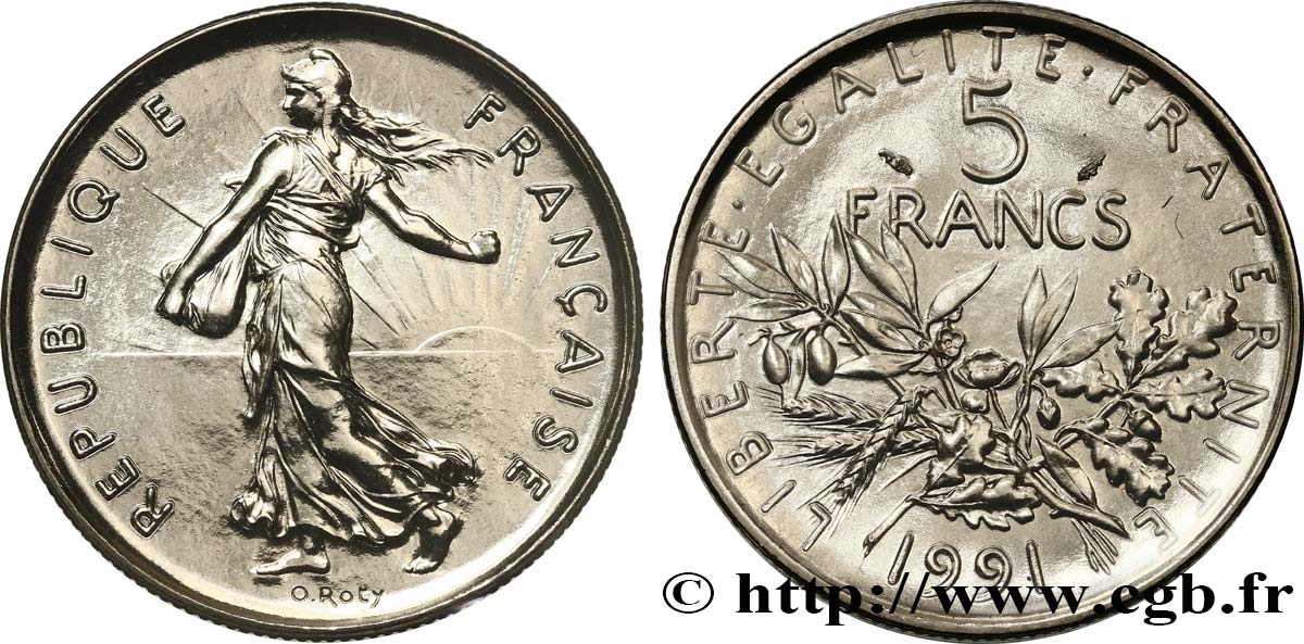 5 francs Semeuse, nickel, Brillant Universel, frappe médaille 1991 Pessac F.341/24 MS 