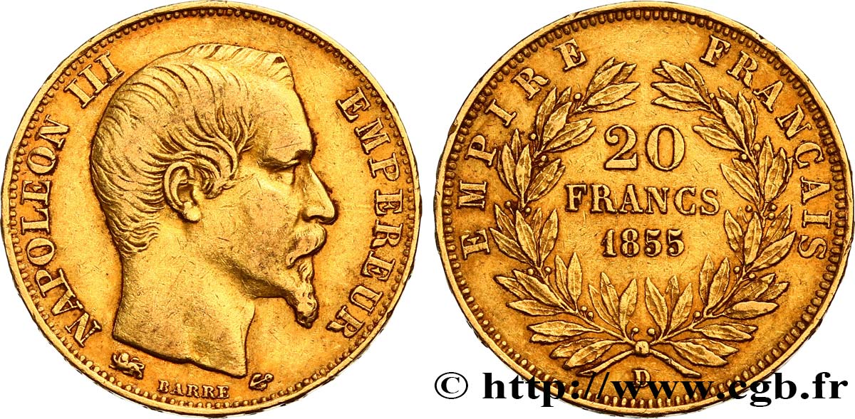20 francs or Napoléon III, tête nue, Grand Lion 1855 Lyon F.531/8 SS40 