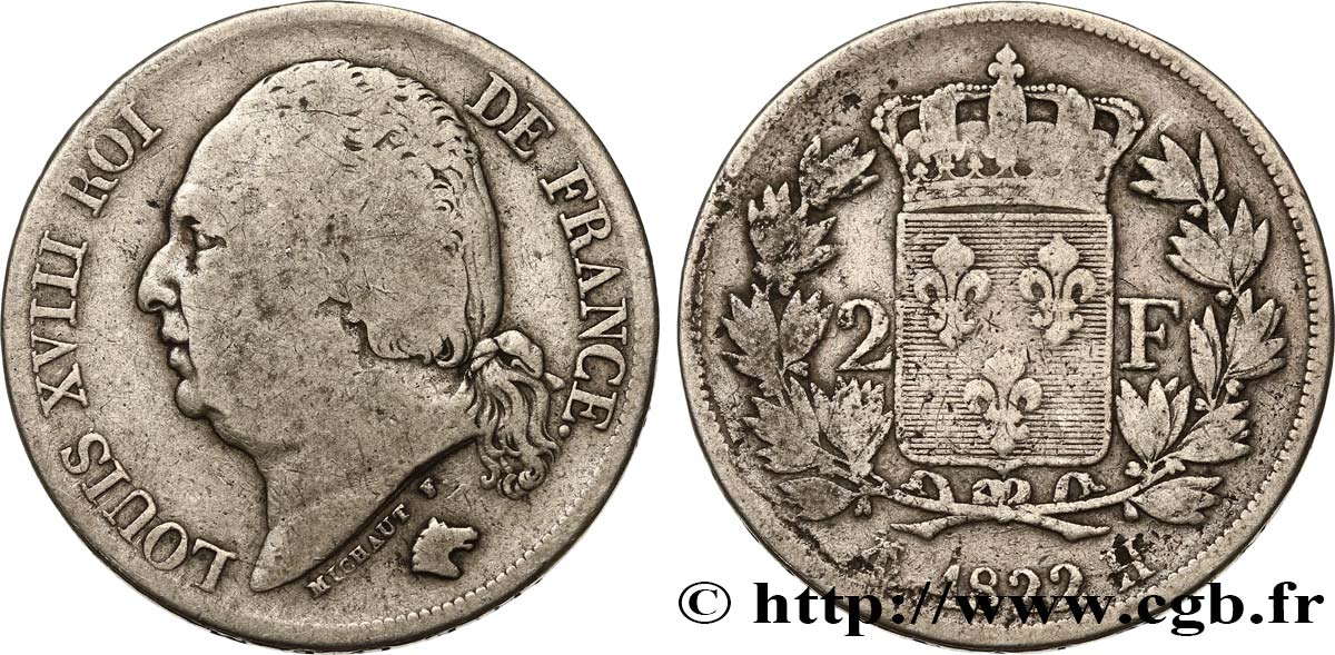 2 francs Louis XVIII 1822 La Rochelle F.257/39 B14 