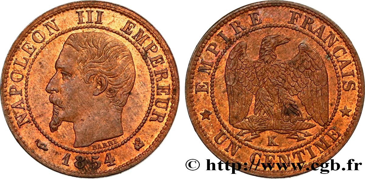 Un centime Napoléon III, tête nue 1854 Bordeaux F.102/13 EBC61 