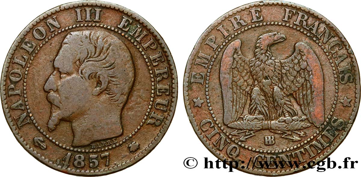 Cinq centimes Napoléon III, tête nue 1857 Strasbourg F.116/39 S25 