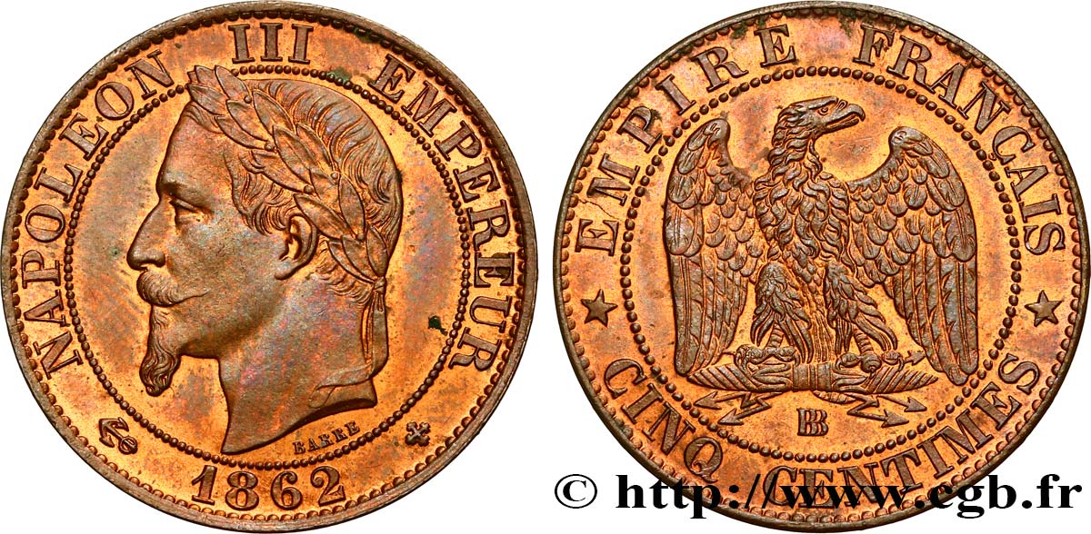 Cinq centimes Napoléon III, tête laurée 1862 Strasbourg F.117/8 SPL63 
