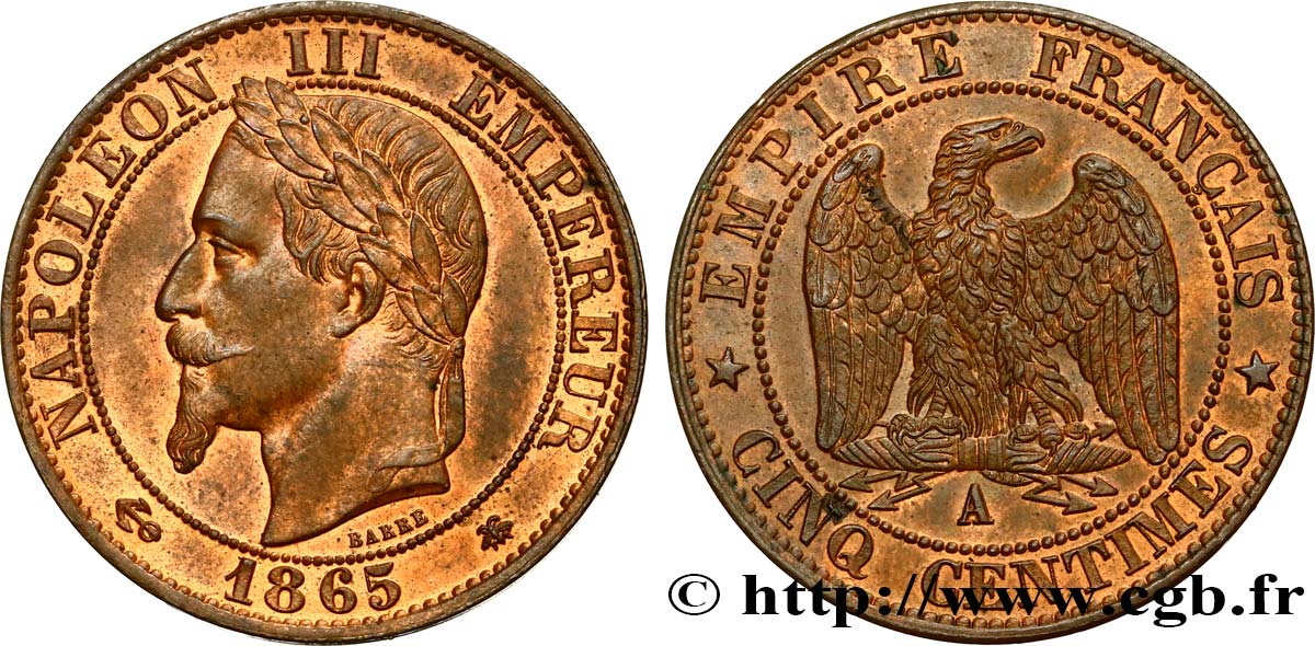 Cinq centimes Napoléon III, tête laurée 1865 Paris F.117/16 SPL62 