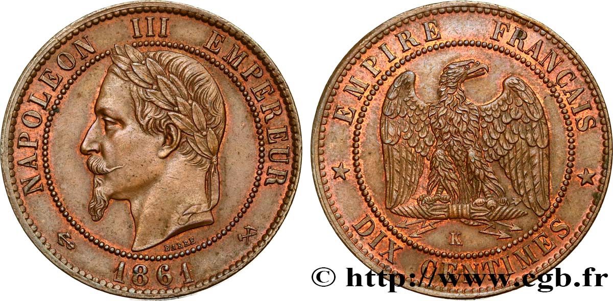 Dix centimes Napoléon III, tête laurée 1861 Bordeaux F.134/6 SPL58 