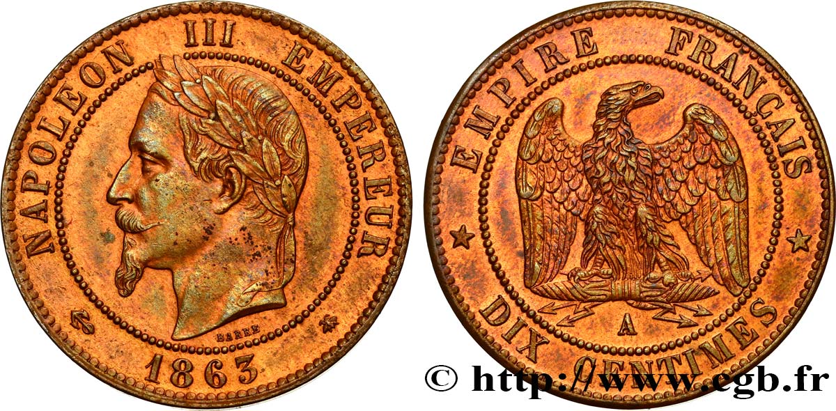 Dix centimes Napoléon III, tête laurée 1863 Paris F.134/10 SUP60 