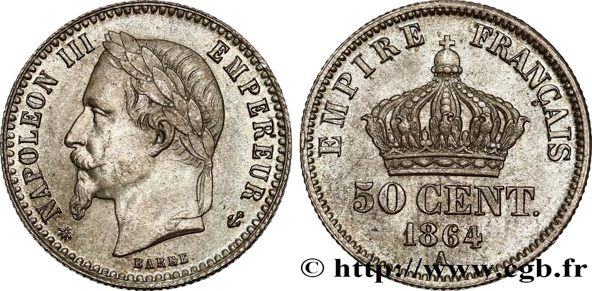 50 centimes Napoléon III, tête laurée 1864 Paris F.188/2 SPL63 