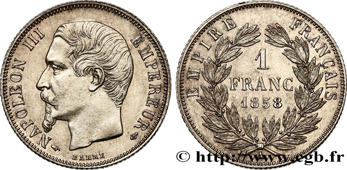 1 franc Napoléon III, tête nue 1858 Paris F.214/11 MS62 