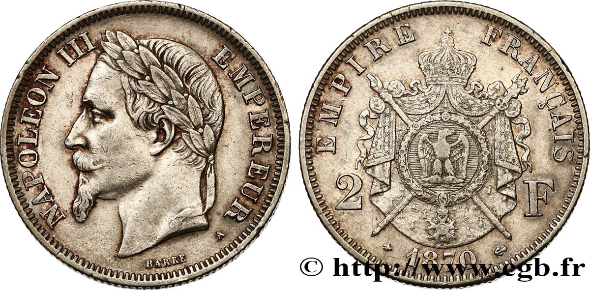 2 francs Napoléon III, tête laurée 1870 Paris F.263/12 MBC50 
