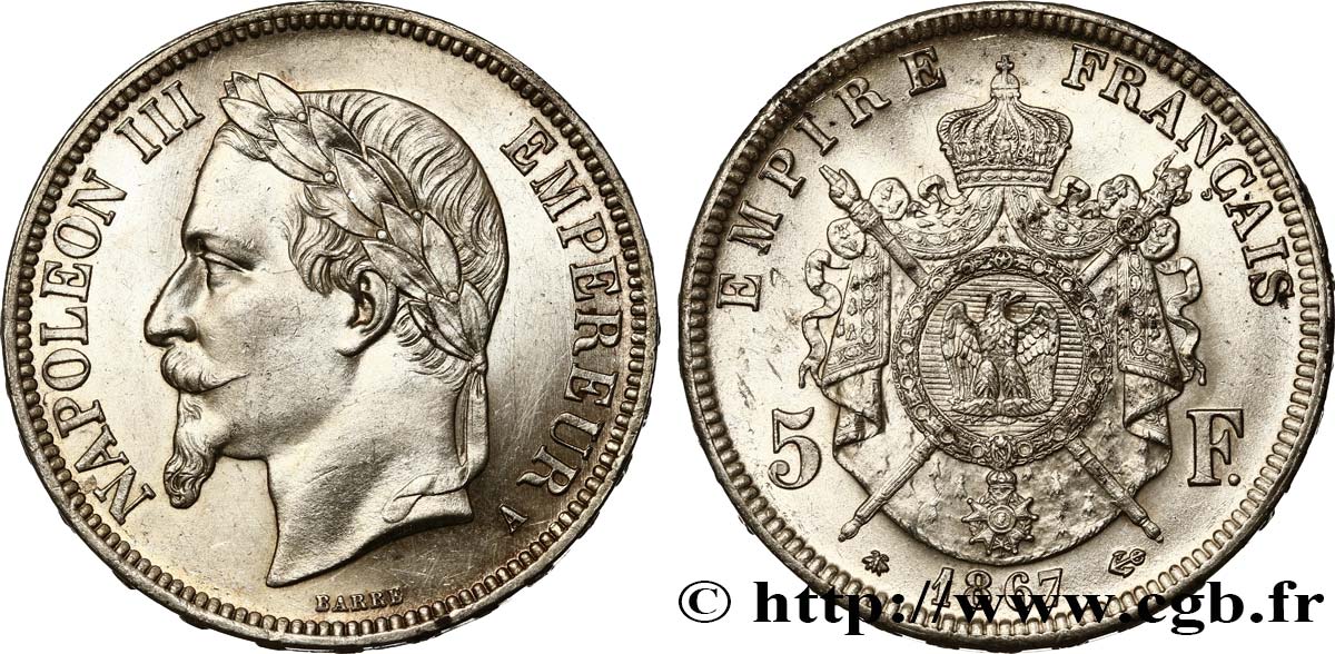 5 francs Napoléon III, tête laurée 1867 Paris F.331/10 SUP+ 
